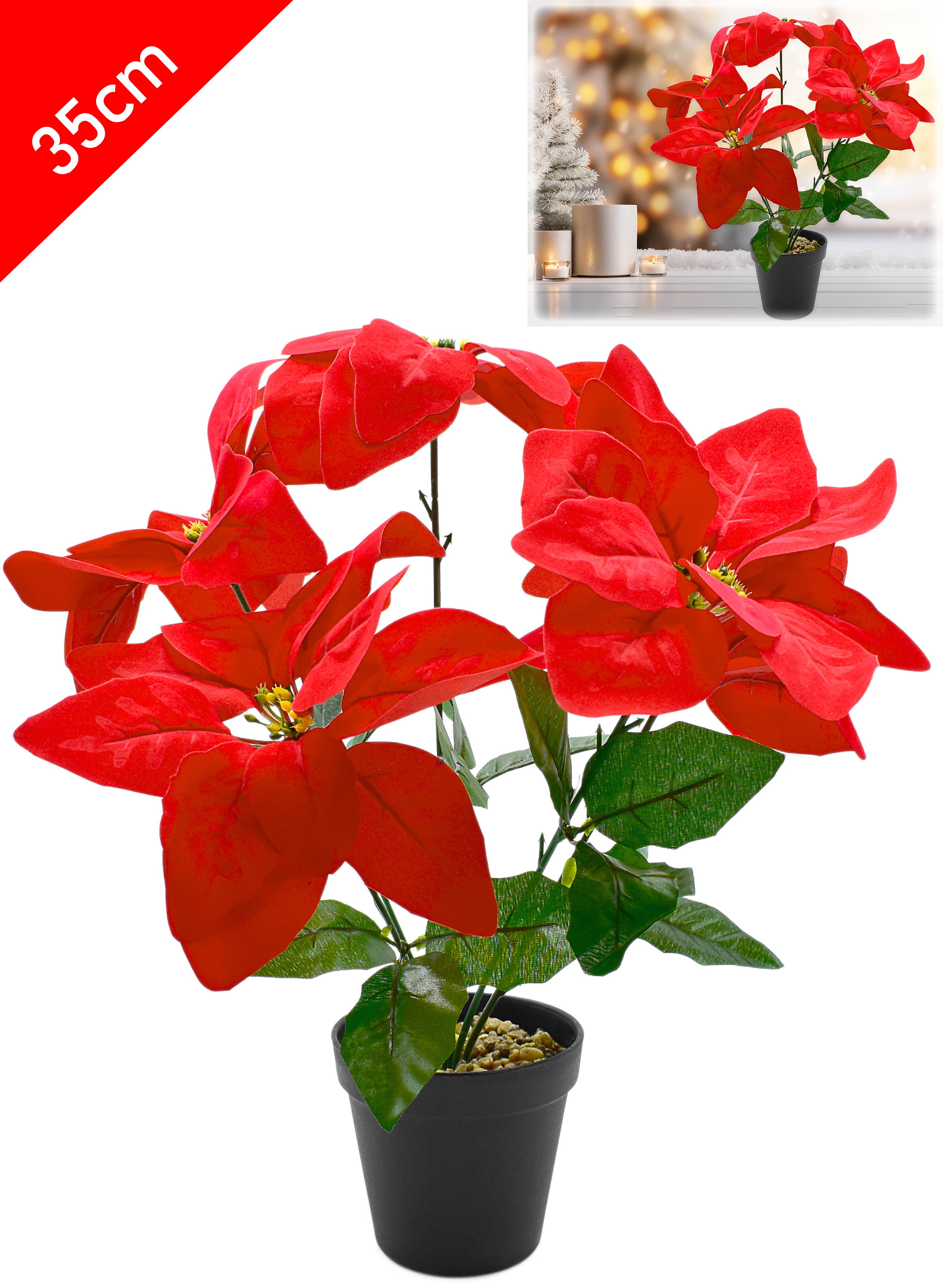 Weihnachtsstern knstlich im Topf Kunstblumen Christstern Deko Pflanze 35cm  rot | eBay.de