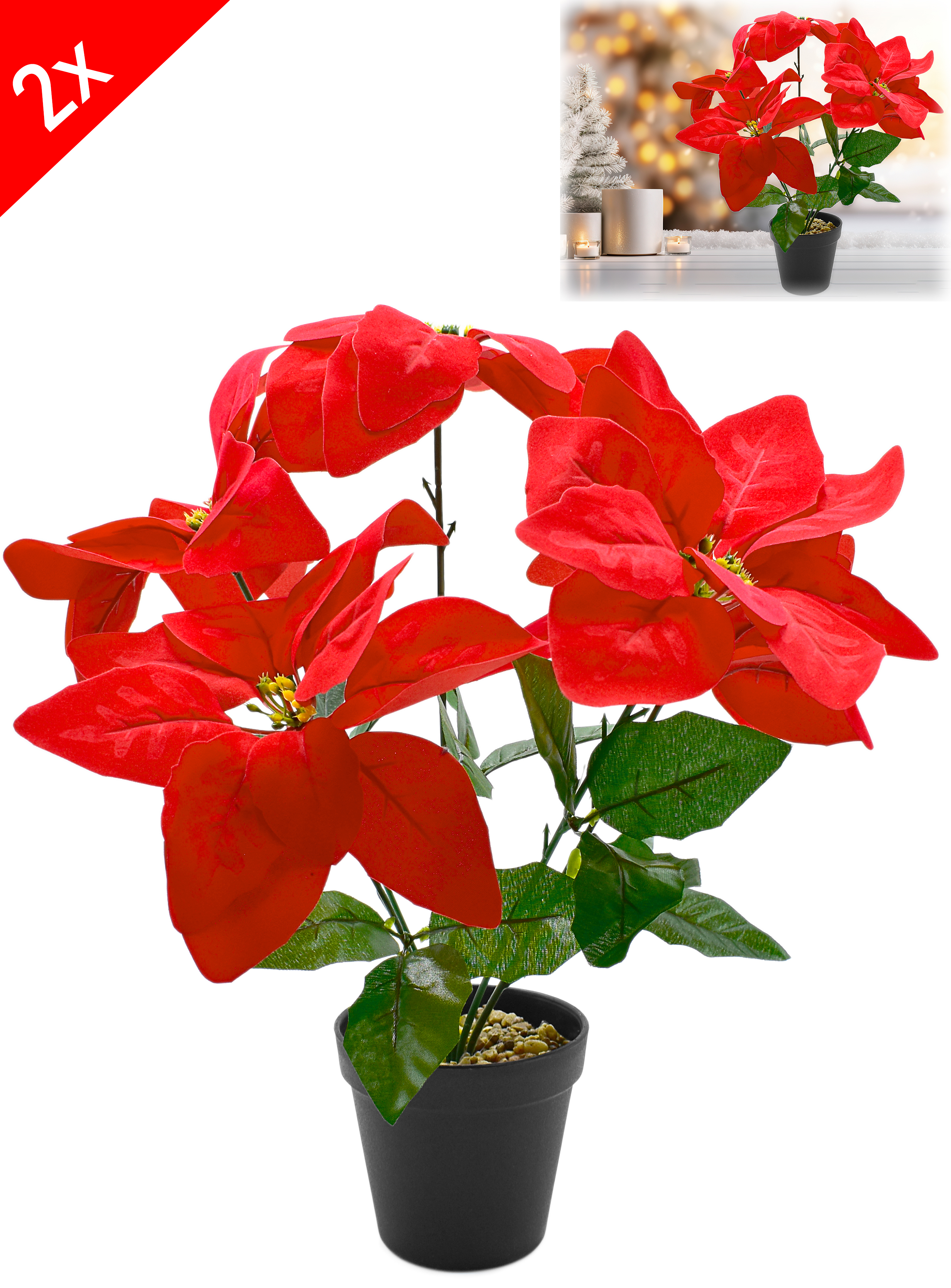 2er Set Weihnachtsstern künstlich Kunstblumen Christstern Deko Pflanze 35cm rot